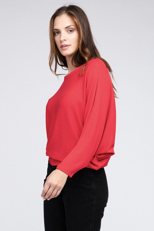 Ribbed Batwing Long Sleeve Boat Neck Sweater - Zenana