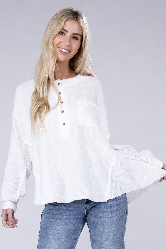 Double Gauze Oversized 3/4 Button Henley Neck Top - Zenana