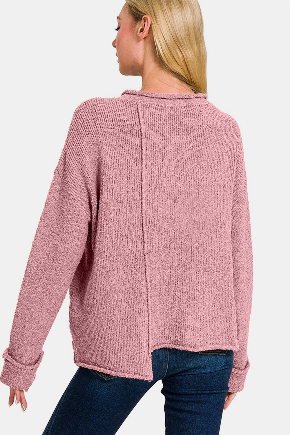 Zenana Asymmetric Hem Drop Shoulder Sweater - Rose