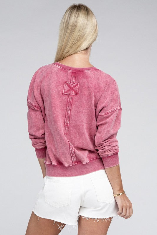 French Terry Acid Wash Boat Neck Pullover - Zenana