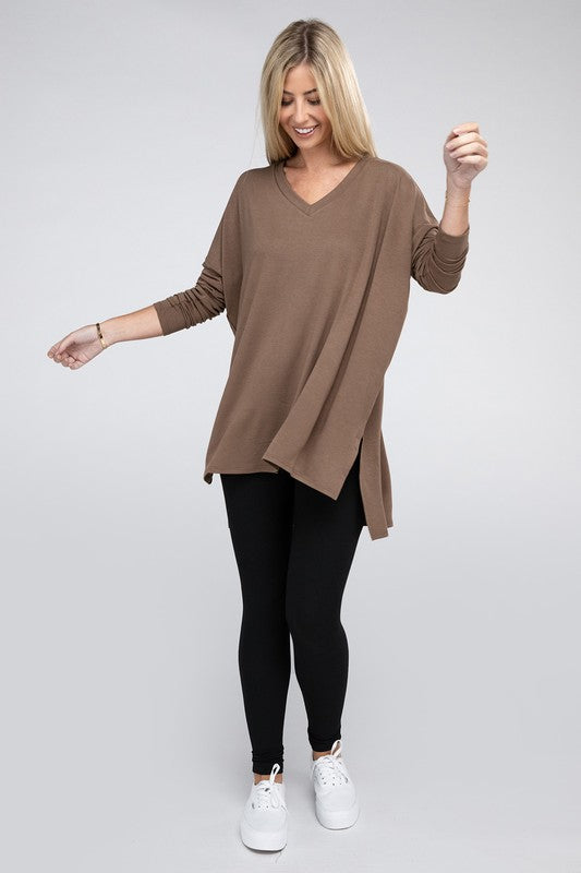 Dolman Long Sleeve V-Neck Side Slit Hi-Low Hem Top - Zenana
