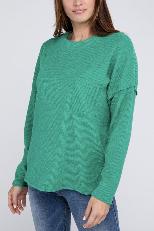 Ribbed Brushed Melange Hacci Sweater with a Pocket - Zenana