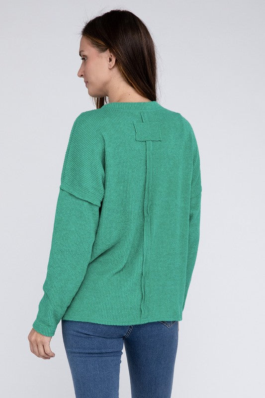 Ribbed Brushed Melange Hacci Sweater with a Pocket - Zenana