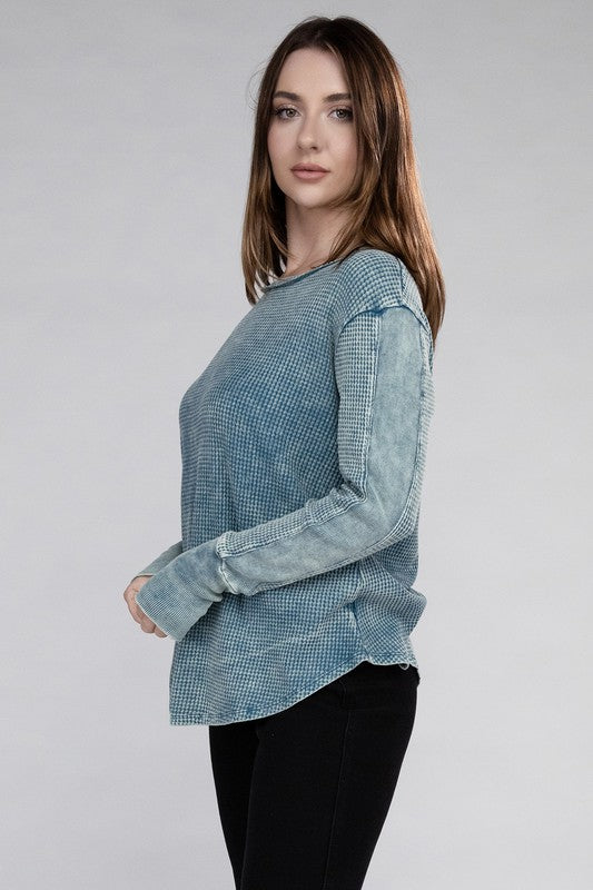 Washed Baby Waffle Long Sleeve Top - Zenana