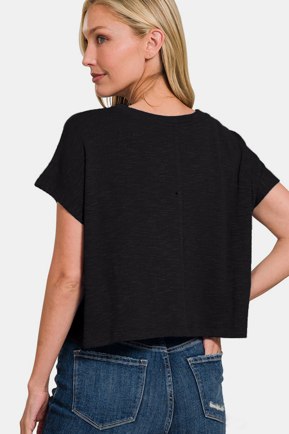 Zenana Round Neck Short Sleeve Crop T-Shirt - Black