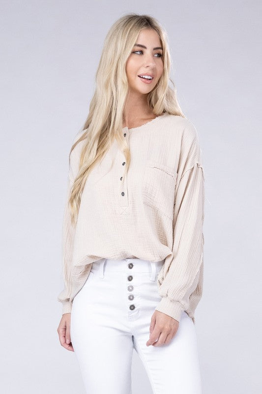 Double Gauze Oversized 3/4 Button Henley Neck Top - Zenana