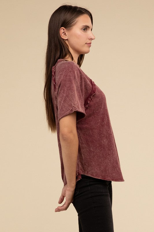 Back Patch Crinkle Washed Raglan Sleeve T-Shirt - Zenana