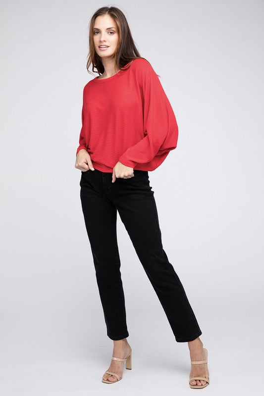 Ribbed Batwing Long Sleeve Boat Neck Sweater - Zenana