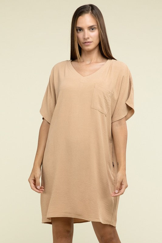 Woven Airflow V Neck T-Shirt Dress with Pockets - Zenana