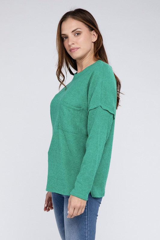 Ribbed Brushed Melange Hacci Sweater with a Pocket - Zenana