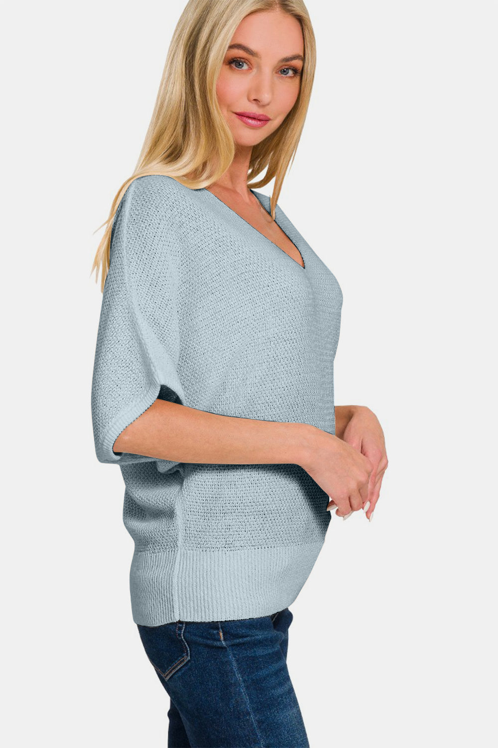 Zenana V-Neck Short Sleeve Dolman Sweater - Blue Grey