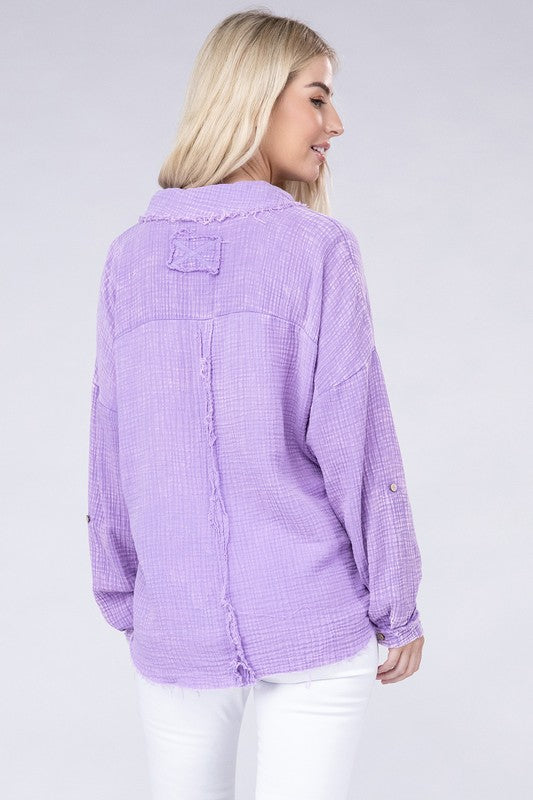Washed Double Gauze Button Down Shirt - Zenana