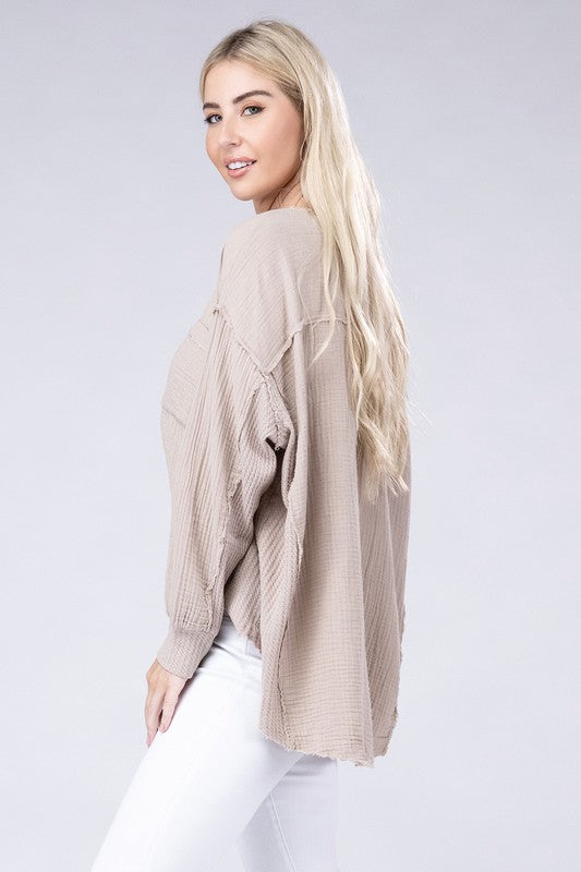 Double Gauze Oversized 3/4 Button Henley Neck Top - Zenana