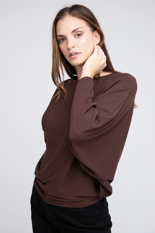 Ribbed Batwing Long Sleeve Boat Neck Sweater - Zenana