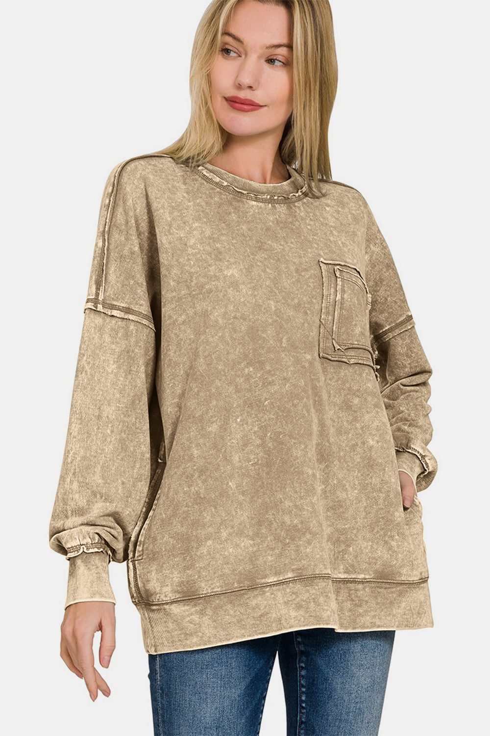Zenana Exposed Seam Round Neck Dropped Shoulder Sweatshirt - Mocha