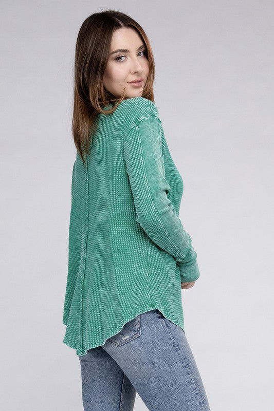 Washed Baby Waffle Long Sleeve Top - Zenana