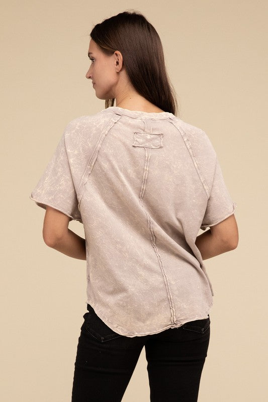 Back Patch Crinkle Washed Raglan Sleeve T-Shirt - Zenana