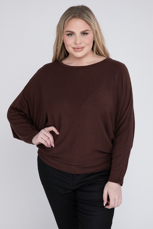 Plus Ribbed Batwing Long Sleeve Boat Neck Sweater - Zenana
