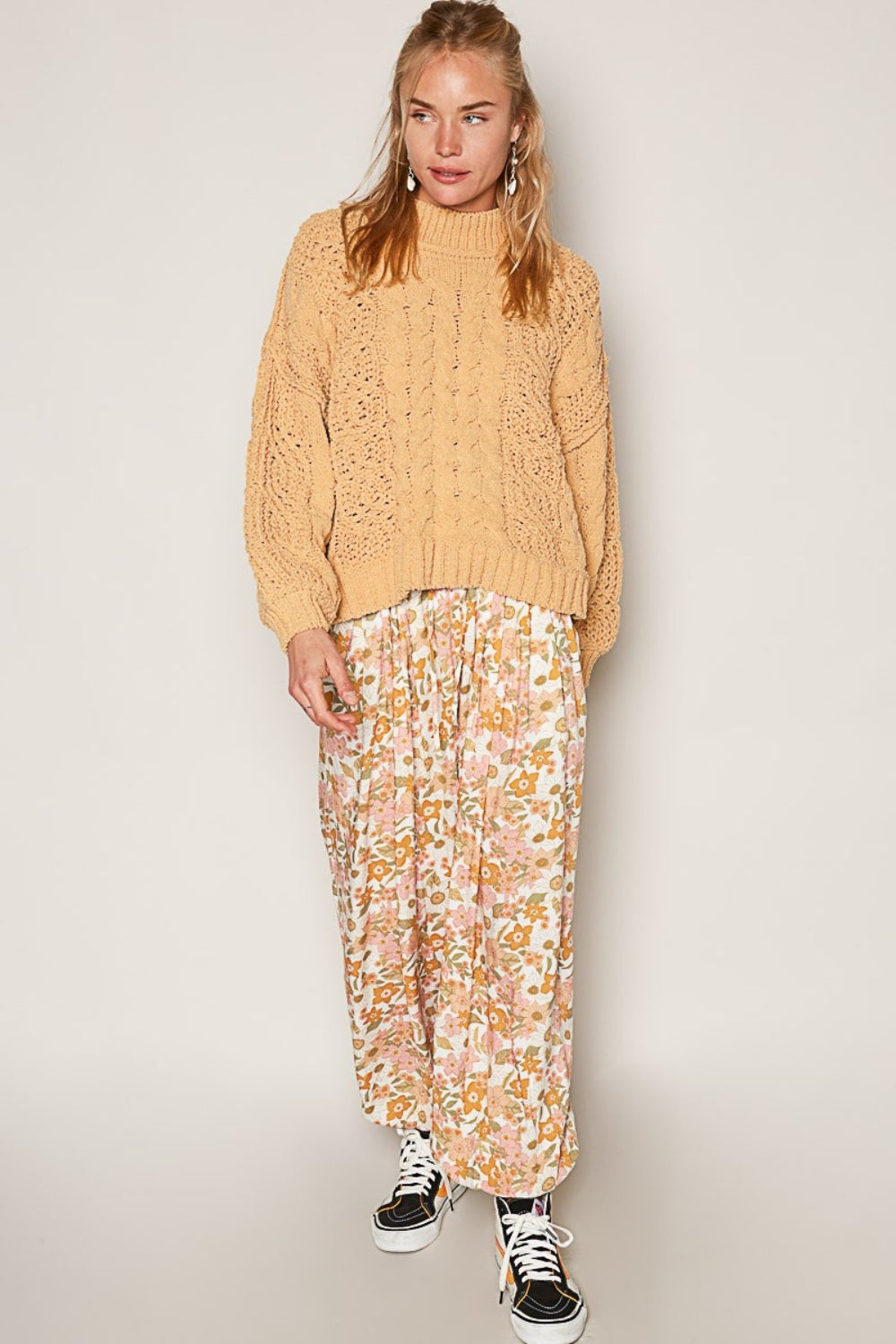 POL Mock Neck Cable Knit Sweater - Honey Gold