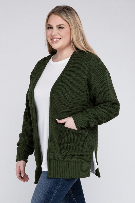 Plus Low Gauge Waffle Open Cardigan Sweater - Zenana