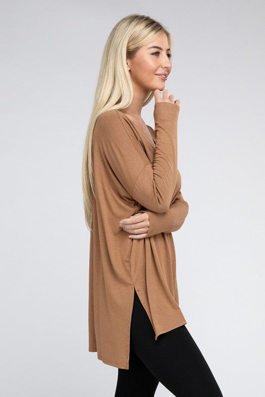 Dolman Long Sleeve V-Neck Side Slit Hi-Low Hem Top - Zenana