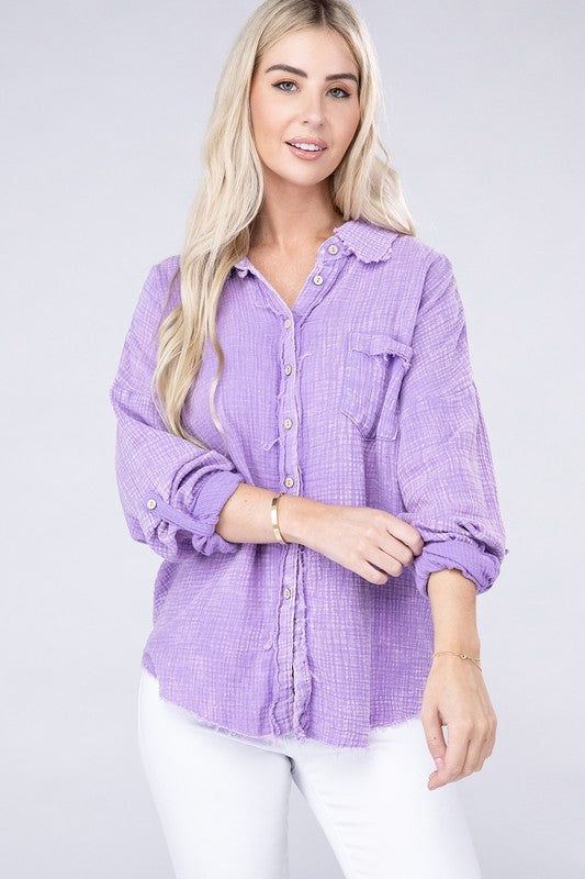 Washed Double Gauze Button Down Shirt - Zenana