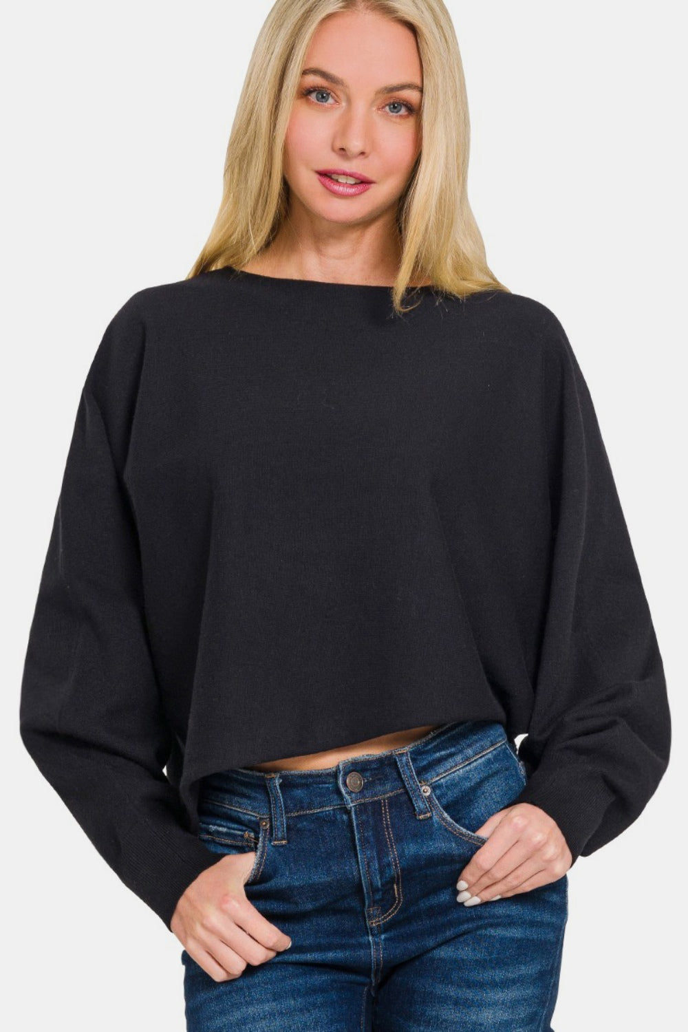 Zenana Asymmetric Hem Long Sleeve Sweater - Black