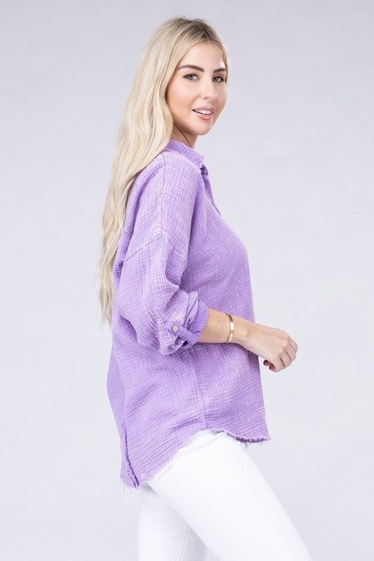 Washed Double Gauze Button Down Shirt - Zenana