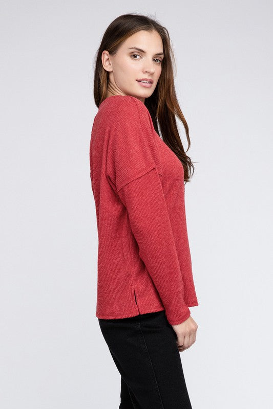 Ribbed Brushed Melange Hacci Sweater with a Pocket - Zenana