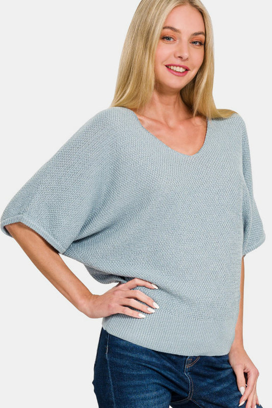 Zenana V-Neck Short Sleeve Dolman Sweater - Blue Grey