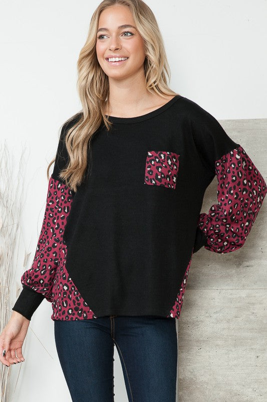 Leopard Print Contrasted Balloon Sleeve Sweater - Orange Farm Clothing