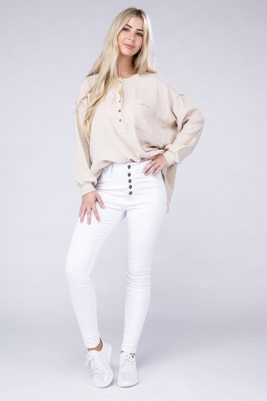 Double Gauze Oversized 3/4 Button Henley Neck Top - Zenana