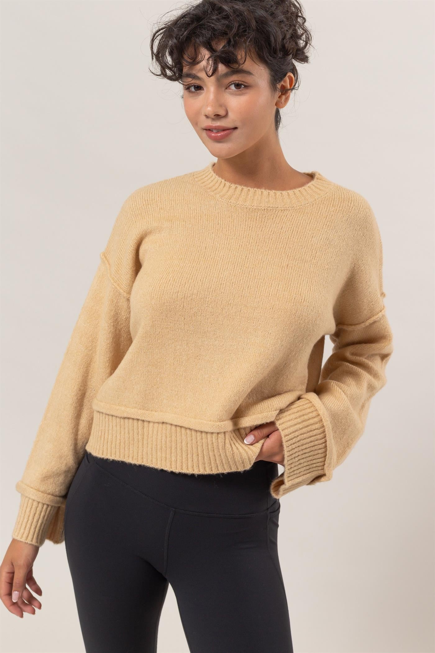 HYFVE Round Neck Dropped Shoulder Ribbed Sweater - Taupe