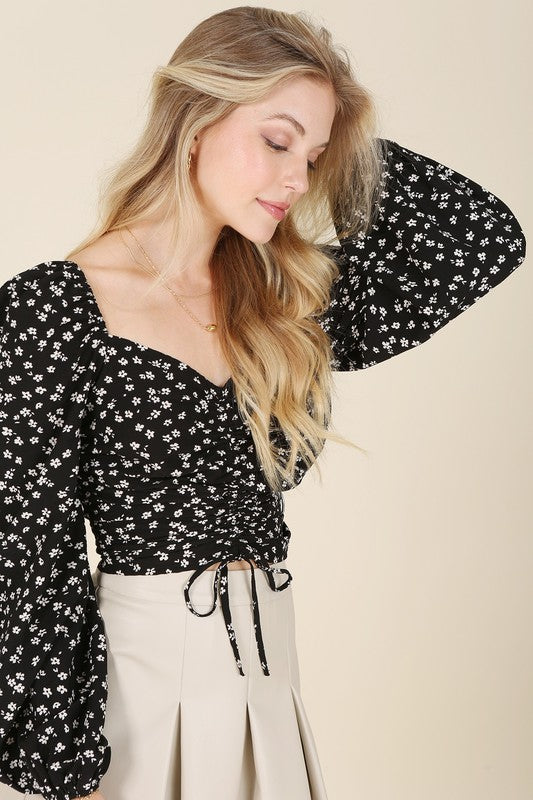 Ruched Floral Print Crop Top With Puff Sleeves - Lilou