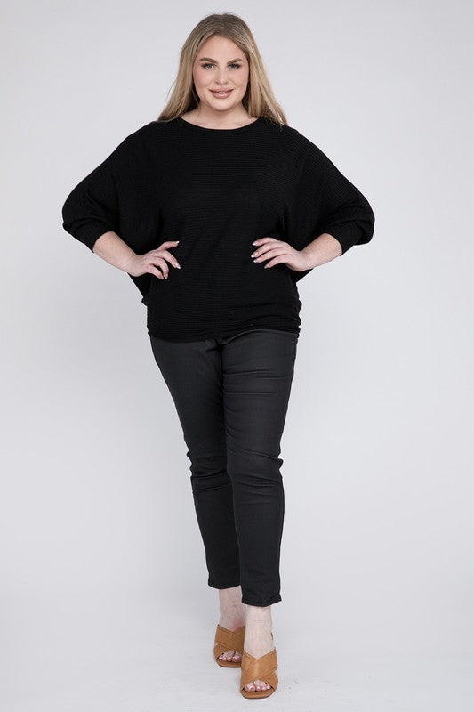 Plus Ribbed Batwing Long Sleeve Boat Neck Sweater - Zenana