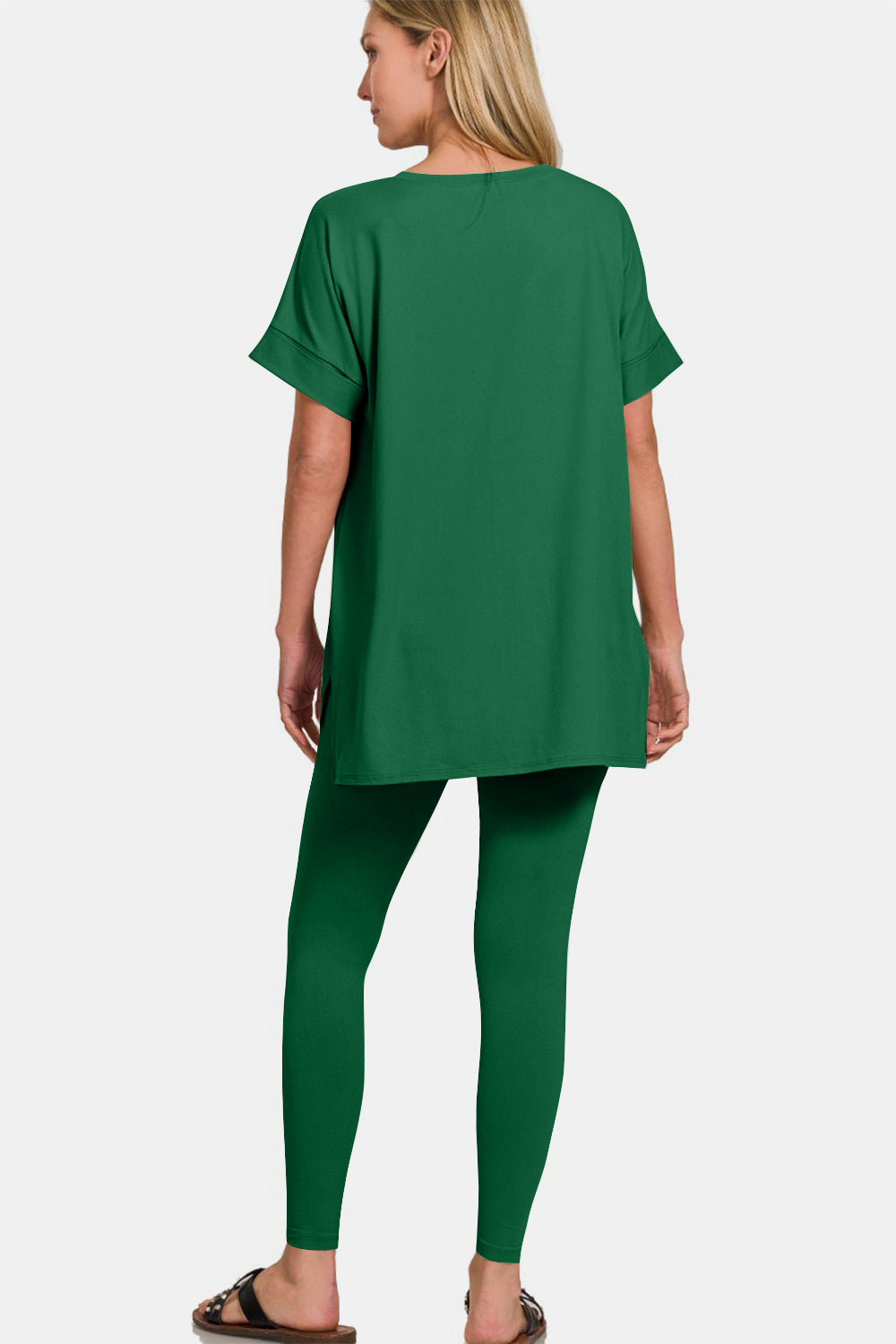 Zenana V-Neck Rolled Short Sleeve T-Shirt and Leggings Lounge Set - Green