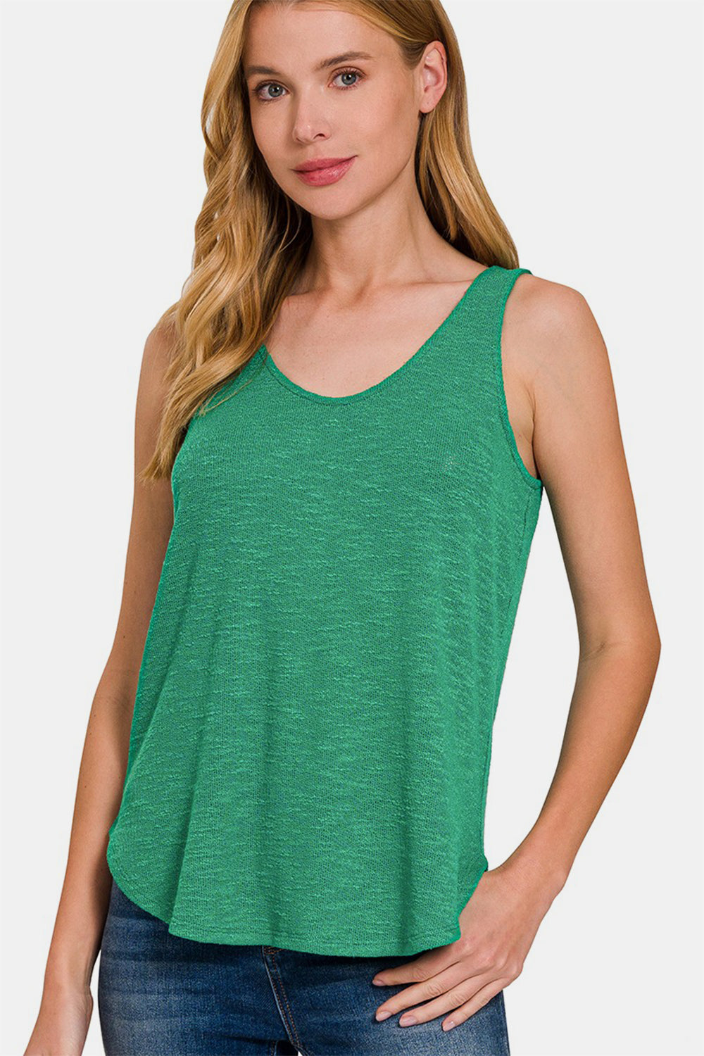 Zenana Curved Hem Round Neck Tank - Green