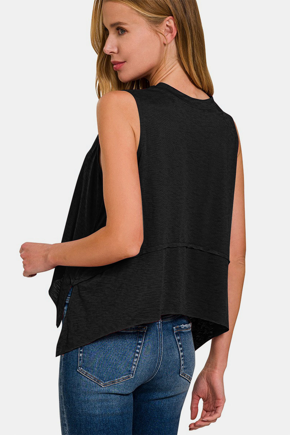 Zenana Exposed Seam Slit Round Neck Tank - Black