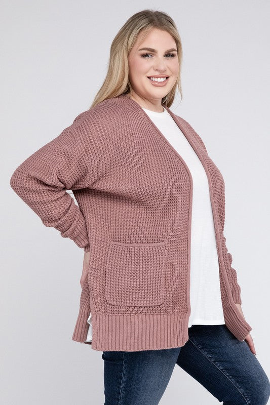 Plus Low Gauge Waffle Open Cardigan Sweater - Zenana