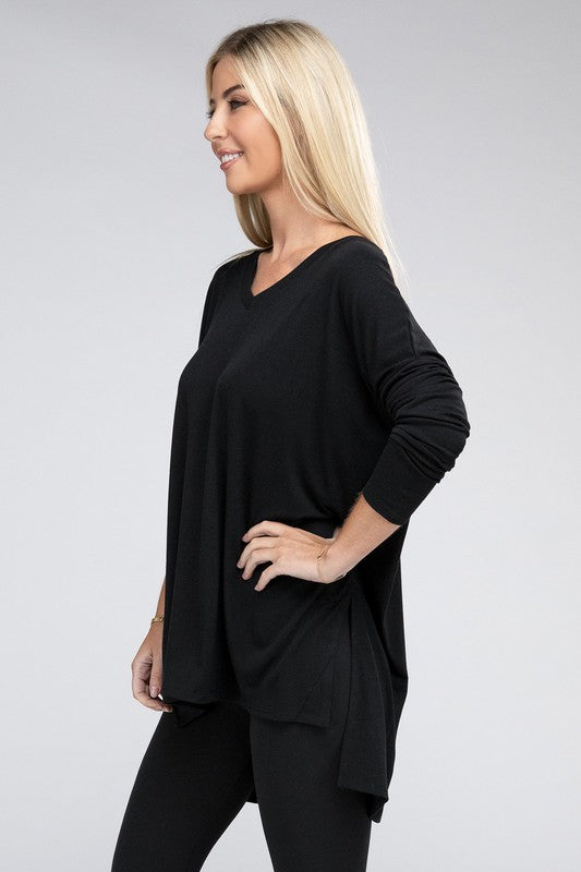 Dolman Long Sleeve V-Neck Side Slit Hi-Low Hem Top - Zenana