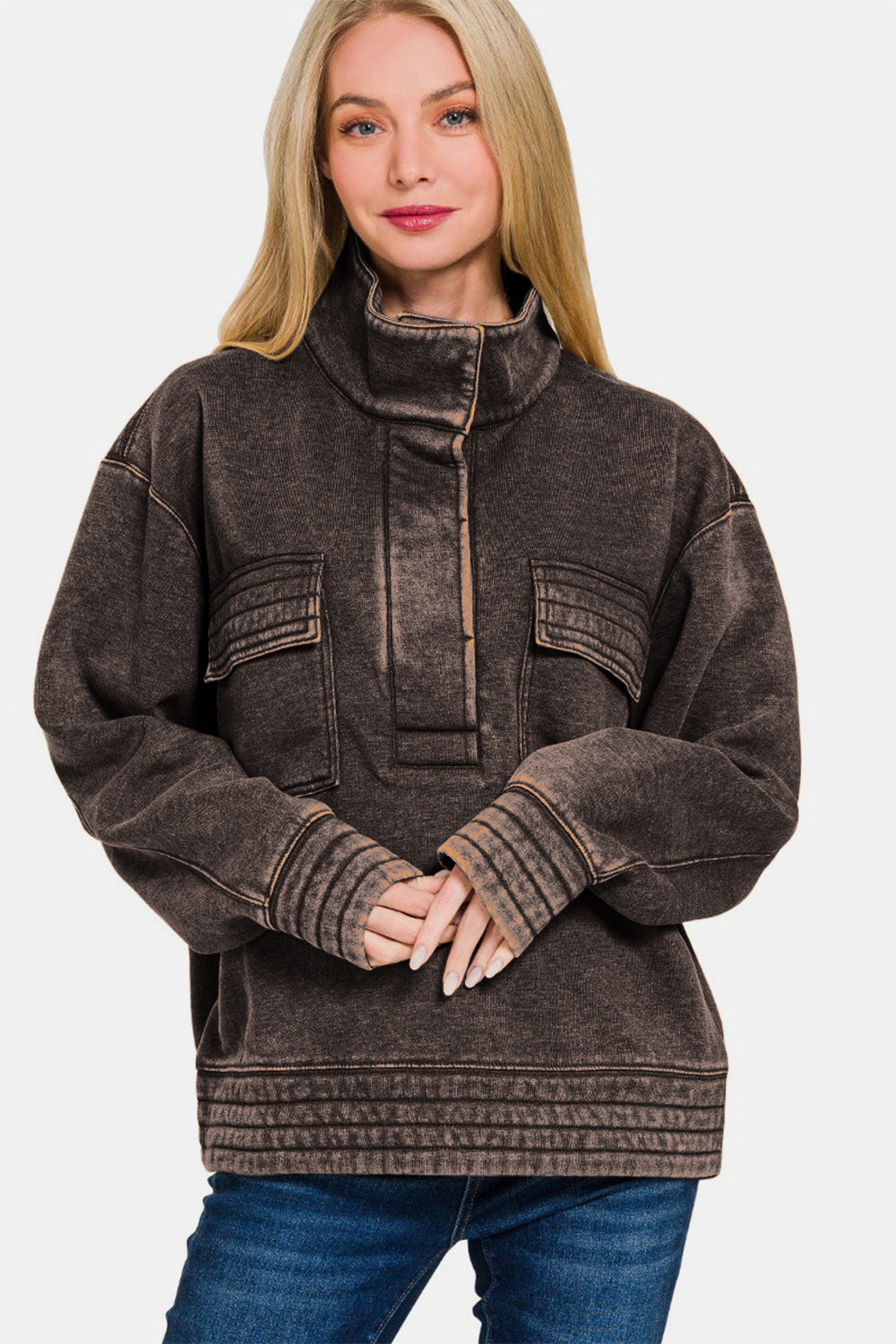 Zenana Acid Washed Half Snap Fleece Sweatshirt - Ash Black