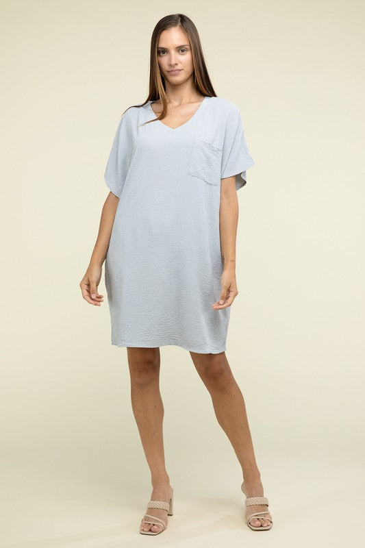 Woven Airflow V Neck T-Shirt Dress with Pockets - Zenana