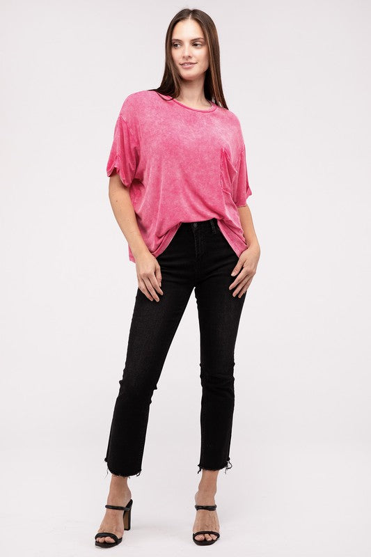 Washed Ribbed Cuffed Short Sleeve Round Neck Top - Zenana