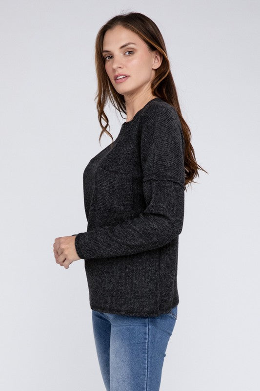 Ribbed Brushed Melange Hacci Sweater with a Pocket - Zenana