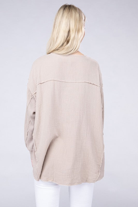 Double Gauze Oversized 3/4 Button Henley Neck Top - Zenana