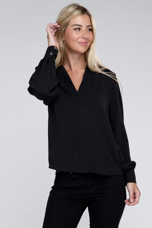 Woven Airflow V-Neck Long Sleeve Top - Zenana