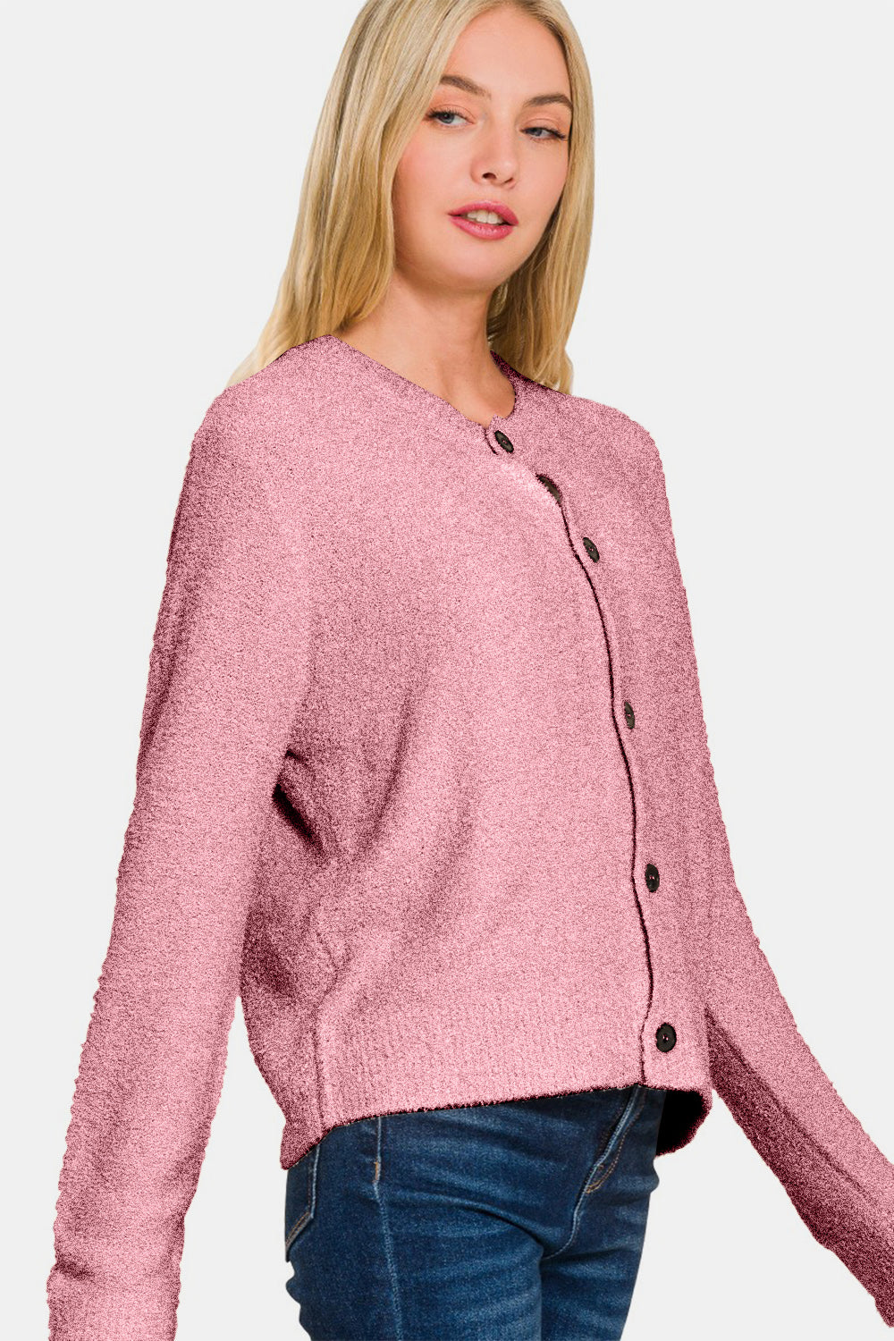 Zenana Button Down Long Sleeve Sweater Cardigan - Rose