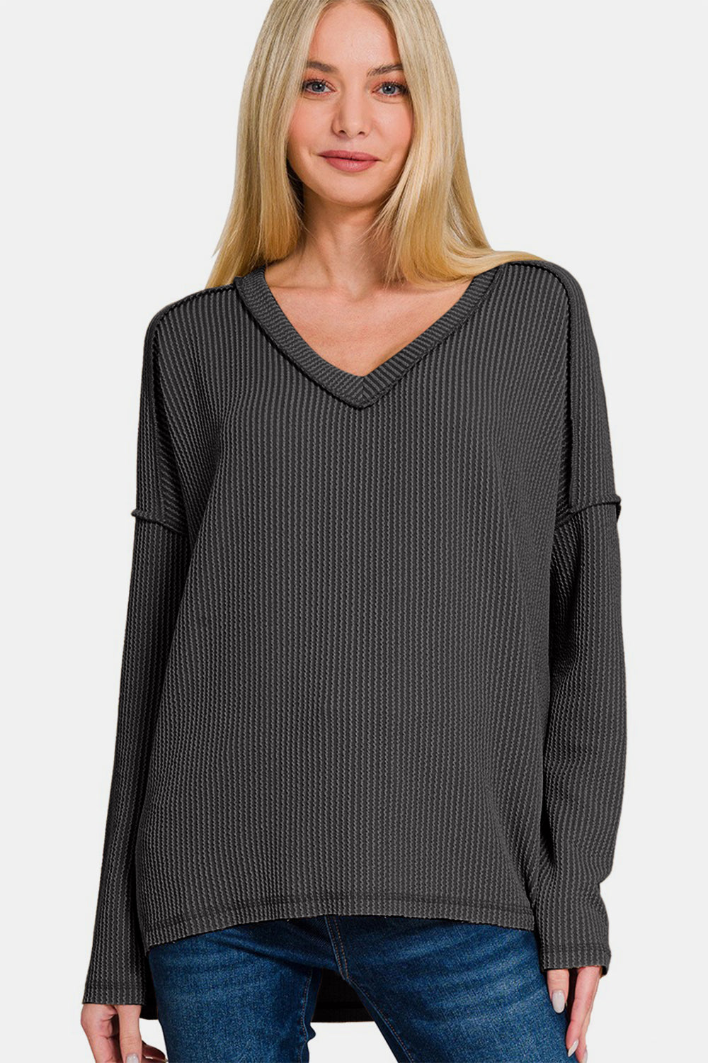 Zenana Texture Exposed Seam V-Neck Long Sleeve T-Shirt - Black