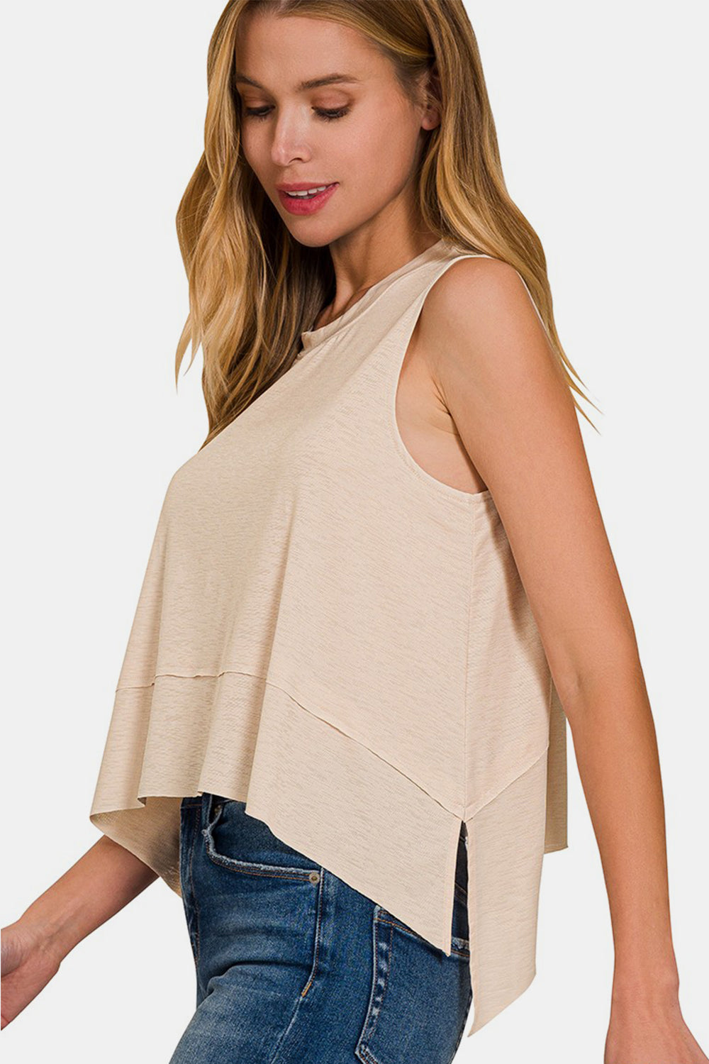 Zenana Exposed Seam Slit Round Neck Tank - Sand Beige