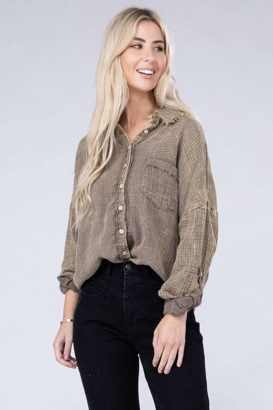 Washed Double Gauze Button Down Shirt - Zenana